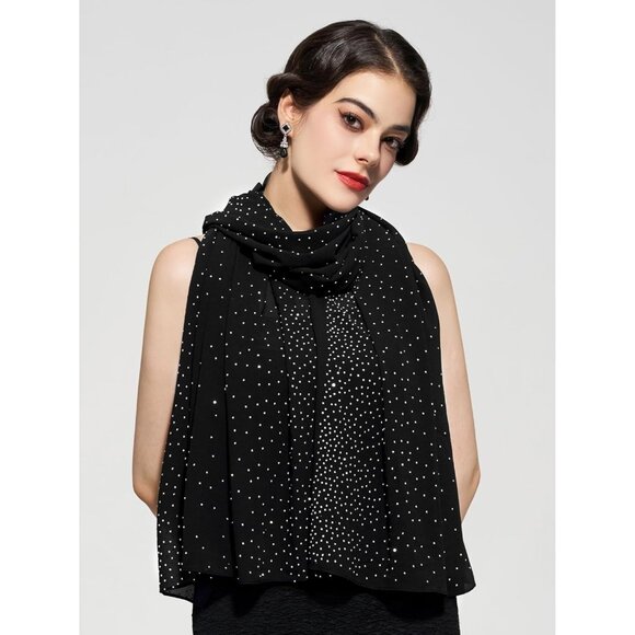 Women Black Sequin Chiffon Shawls and Wraps Formal Rhinestone for Evening Dress - Picture 5 of 6